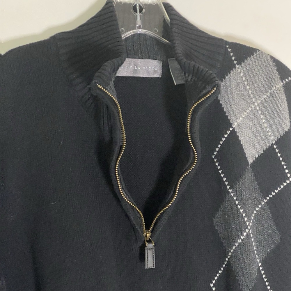 Oscar De La Renta Sweater Mens XL Black Argyle Tight Knit Quarter Zip Preppy‎ - Picture 10 of 16